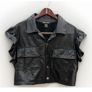 Like an Angel Faux Leather Utility Vest Black Cropped Snap Front 2X